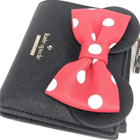 Kate Spade x Minnie Mouse Adalyn Wallet Disney NWT Black Leather Bow Polka Dot - Picture 4 of 10